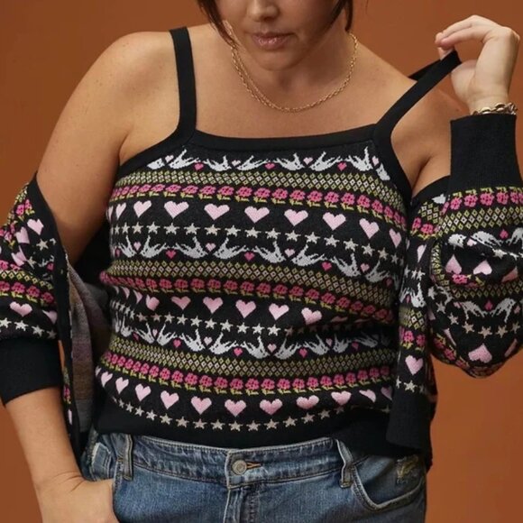 Maeve Anthropologie Size XL Hearts Birds Fair Isle Sweater Tank Feminine Casual - Picture 1 of 7